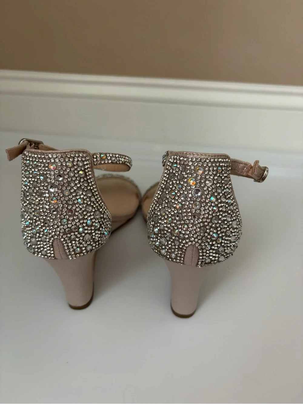 David's Bridal Champagne Blush Rhinestone Wedge Sandals Sz 7.5